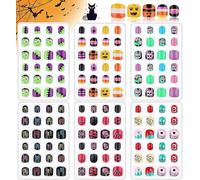 EBANKU 144 Pezzi Halloween Unghie Finte per Bambini Punta per Unghie Artificiali da Premere Kit Unghie Finte Corte a Copertura Completa Scheletri Zucche Ragni Fantasmi per Ragazza Manicure