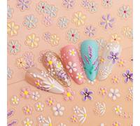 EBANKU 2 Fogli Fiori Adesivi Unghie Nail Art Stickers, 5D Fiori Primaverili Estivi Multicolori Autoadesivi Decorazioni Unghie Nail Art Disegni con Pinzette