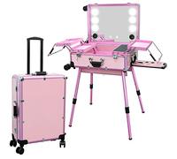 EBANKU Valigia da Trucco Professionale, Parrucchiere Bellezza Compongono Trolley Cosmetici Organizzatore con LED Lighted Mirror Bluetooth, Beauty Trolley da Viaggio per Trucchi (Rosa)