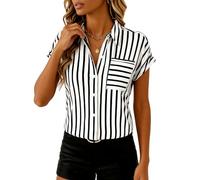 EBAYWSIH Women Summer Short Sleeve Button Down Shirt Vertical Striped Blouse Contrast Pocket Casual Business Casual Top for Work Office Vacation