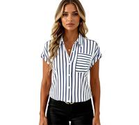EBAYWSIH Women Summer Short Sleeve Button Down Shirt Vertical Striped Blouse Contrast Pocket Casual Business Casual Top for Work Office Vacation
