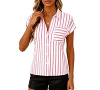 EBAYWSIH Women Summer Short Sleeve Button Down Shirt Vertical Striped Blouse Contrast Pocket Casual Business Casual Top for Work Office Vacation