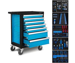EBERTH Carrello Porta Attrezzi con 167 pezzi, 7 cassetti di cui 5 pieni di utensili, Carrello Attrezzi Completo in Acciaio a Doppia Parete, Verniciatura a Polvere Blu, Ruote girevoli Freno di Blocco