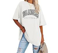 Ebifin Maglietta oversize da donna, a maniche corte, scollo rotondo, stile vintage con scritta “Los Angeles”, informale e casual, adatta come capo basic per l’estate, bianco, XXL