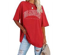 Ebifin T-Shirt Oversize da Donna, Vintage, a Maniche Corte, Girocollo, Los Angeles, Tops, Casual, Basic, Estivi, Leggeri, Bluse., Colore: Rosso, XXL
