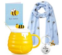 eBoot 4 Pezzi Set Bee Happy Regalo a Tema d'Ape per Donna di cui Tazza da Caffè Ceramica con Coperchio e Cucchiaio Sciarpa d'Api in Seta Portachiavi d'Ape con Scatola Regalo Cartolina Auguri (Ape Blu)