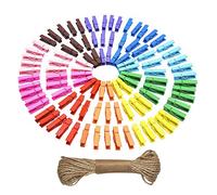 eBoot Mollette in Legno Naturale Mini Colorate Portafoto Pinze Clip con Cordino, 100 Pezzi