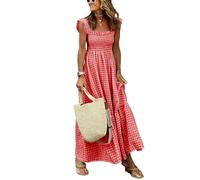 ebossy Abito da Donna 2025 alla Moda Scozzese Senza Maniche con Volant Plissettato Boho Party Spiaggia a Quadretti Maxi Abiti, Rosso, L
