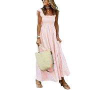 ebossy Abito da donna 2025 alla moda scozzese senza maniche con volant plissettato boho party spiaggia a quadretti maxi abiti, Arancione, rosa., M
