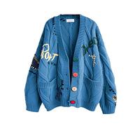 ebossy - Cardigan da donna a maglia, a maniche lunghe, aperto sul davanti, con scollo a V e bottoni, in misto lana, Blu Savoia, L