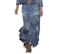 ebossy - Gonna lunga da donna, a vita media, in denim, con volant - blu - XL