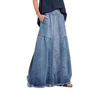 ebossy, Gonna lunga da donna in denim con elastico in vita sfrangiata, linea ad A, effetto invecchiato, stile hippie, Blu, L