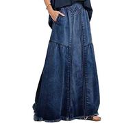 ebossy, Gonna lunga da donna in denim con elastico in vita sfrangiata, linea ad A, effetto invecchiato, stile hippie, Blu scuro, S
