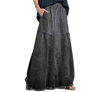 ebossy, Gonna Lunga da Donna in Denim con Elastico in Vita sfrangiata, Linea ad A, Effetto Invecchiato, Stile Hippie, Grigio Scuro, L