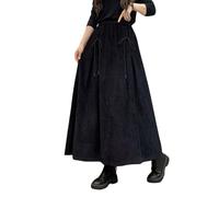 ebossy Maxi Gonna da Donna in Velluto a Coste con Elastico a Vita Alta con Coulisse Cravatta Frontale A-Line Gonna Lunga Plissettata con Tasche, Nero, XX-Large