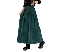 ebossy Maxi Gonna da Donna in Velluto a Coste con Elastico a Vita Alta con Coulisse Cravatta Frontale A-Line Gonna Lunga Plissettata con Tasche, Verde Scuro., S