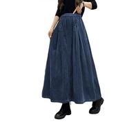 ebossy Maxi Gonna da Donna in Velluto a Coste con Elastico a Vita Alta con Coulisse Cravatta Frontale A-Line Gonna Lunga Plissettata con Tasche, Blu Navy, XX-Large