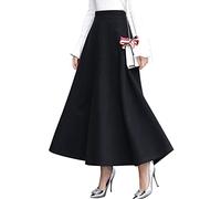 ebossy Maxi gonna lunga da donna a vita alta in misto lana scozzese a trapezio con tasca, Nero puro., XL