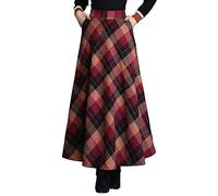 ebossy Maxi Gonna Lunga da Donna a Vita Alta in Misto Lana Scozzese a Trapezio con Tasca, Rosso, XX-Large