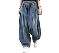 ebossy, Pantaloni da Donna in Denim con Elastico in Vita, Pieghettato, Gamba Larga, Jeans, Blu, XXL