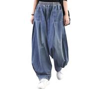 ebossy Pantaloni da Donna in Denim Harem con Elastico in Vita Pieghettato Gamba Larga Jeans Larghi, Azzurro Chiaro, L