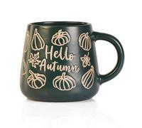 eBoutik - Grande tazza da caffè con design Hello Autumn - Tazza da tè per il Ringraziamento, Halloween, stagioni accoglienti e vacanze - Design zucca e foglie (verde)