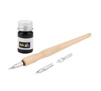 Eboxer Set di penne a forma di dip, portapenne in legno, 3 piume in acciaio inossidabile, diverse e 1 inchiostro per disegno/manga/calligrafia/fumetto