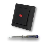 EBROM SET IDEE: Busch JÄGER Interruttore di commutazione, illuminato come luce di controllo quando acceso o spento, 2000/6 USK, con bilanciere bilanciere 915 nero opaco + telaio + tester di fase EBROM