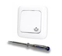 EBROM SET IDEE: Busch Jäger Set pulsante 2020US con meccanismo a molla con stampa a bilanciere, simbolo luce in colore bianco alpino + tester di fase EBROM per il montaggio