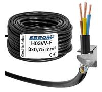 EBROM Tubo Flessibile in Plastica Rotondo, Cavo di Alimentazione H03VV-F 3 x 0,75 mm², Nero, Lunghezze Fino a 200 Metri in Incrementi di 5 Metri, 3G0,75