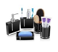 EBTOOLS Set di 5 Accessori da Bagno in Acrilico, Accessori da Bagno con Porta Sapone, Porta Spazzolini, Dispenser per Sapone Liquido e 2 Bicchiere per Spazzolino, Nero
