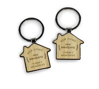 eBuyGB Portachiavi con incisione New Home, New Adventures, regalo per proprietari di case, traslochi, coppie, Naturale, 2 pezzi, Contemporaneo