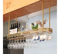 EBZFASO Scaffale da parete per vino Scaffali in legno per Portabicchieri da soffitto con luci, mensola industriale regolabile, portabicchieri da vino sospeso(Gold,100x25cm)