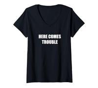 Ecco i guai Maglietta con Collo a V, Donna, Nero, XL