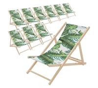 ECD Germany 10x Sedia a Sdraio Pieghevole in Legno con Tessuto Traspirante Verde-Bianco Tropicale, Schienale Reclinabile in 3 Posizioni, Lettino Relax Portata 120 kg per Spiaggia, Giardino e Terrazzo