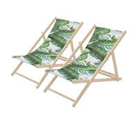 ECD Germany 2x Sedia a Sdraio Pieghevole in Legno con Tessuto Traspirante Verde-Bianco Tropicale, Schienale Reclinabile in 3 Posizioni Lettino Relax con Portata 120 kg per Spiaggia Giardino e Terrazzo