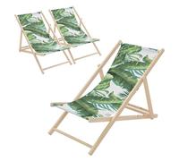 ECD Germany 3x Sedia a Sdraio Pieghevole in Legno con Tessuto Traspirante Verde-Bianco Tropicale, Schienale Reclinabile in 3 Posizioni Lettino Relax con Portata 120 kg per Spiaggia Giardino e Terrazzo