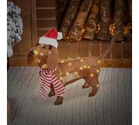 ECD Germany Cane Luminoso per Natale 60x43 cm 40 LED Bianco Caldo, con Berretto e Sciarpa, Bassotto Decorativo, Figura a Forma di Cane a Batteria e Timer, Decorazione Natalizia per Interno