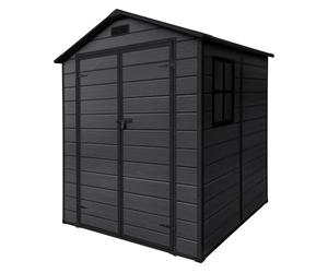 ECD Germany Casetta da Giardino 5 m³ in Plastica con Pavimento e Tetto a Due Falde, 151x182x220 cm Grigio Scuro, Capannone da Esterno Impermeabile con Doppie Porte, Finestra, Capanno per Attrezzi
