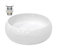 ECD Germany Lavabo da Appoggio con Set di Scarico Ø 350 x 120 mm Ceramica Bianca Rotondo Lavandino Senza Troppopieno con Fori di Dimensioni Standard Lavamano da Bagno con Piletta
