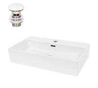 ECD Germany Lavabo da Appoggio con Set di Scarico 605 x 365 x 130 mm Ceramica Bianca Rettangolare Lavandino con Troppopieno con Fori di Dimensioni Standard Lavamano da Bagno con Piletta