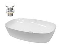ECD Germany Lavabo da Appoggio con Set di Scarico 605 x 380 x 140 mm Ceramica Bianca Ovale Lavandino Senza Troppopieno con Fori di Dimensioni Standard Lavamano da Bagno con Piletta