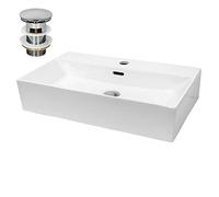 ECD Germany Lavabo da Appoggio in Ceramica Bianco Rettangolare 515x360x130 mm Design Moderno Lavabo Moderno da Appoggio Ceramica Lavandino Lavamano con Set di Scarico Lavabile 1 1x4 in Ottone Cromato