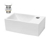 ECD Germany Lavabo da Appoggio o Parete con Set di Scarico 350 x 205 x 125 mm Ceramica Bianca Rettangolare Lavandino Senza Troppopieno Lavamano da Bagno con Piletta Montaggio del Rubinetto a Destra