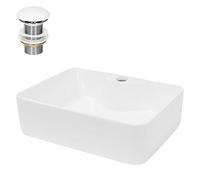 ECD Germany Lavabo per Bagno da Appoggio 480 x 380 x 140 mm in Ceramica Bianca incl. Piletta di Scarico per Lavandini Senza Troppopieno Lavello Rettangolare Sanitari per Bagno