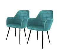 ECD Germany Set di 2 Sedie Sala da Pranzo con Schienale e Braccioli Blu Petrolio Poltrone Soggiorno Cucina con Rivestimento in Velluto e Gambe in Metallo Poltroncine da Salotto Confortevoli