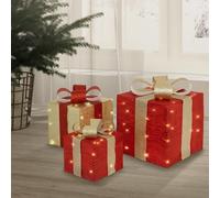 ECD Germany Set di 3 Scatole di Regalo con 90 LED Bianco Caldo Rivestimento in Poliestere Rosso Oro Struttura Metallica Decorazione Natalizia per Interno a Batterie con Funzione Timer