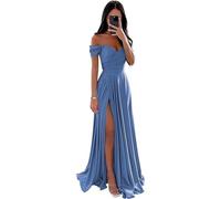 ECDAHICC Abito da damigella d'onore da donna, in raso, a spacco lungo, elegante, formale, linea ad A, abito da sposa e da festa, Blu, M