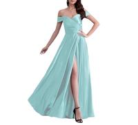 ECDAHICC Abito da damigella d'onore senza spalline per donna, in raso, con lungo spacco, elegante abito formale da sera, linea ad A, per matrimoni e feste, Azzurro, L
