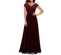 ECDAHICC: abito da donna, elegante, in pizzo con volant, maniche corte, scollo a V, vita alta, da damigella d'onore, abito lungo da sera, L